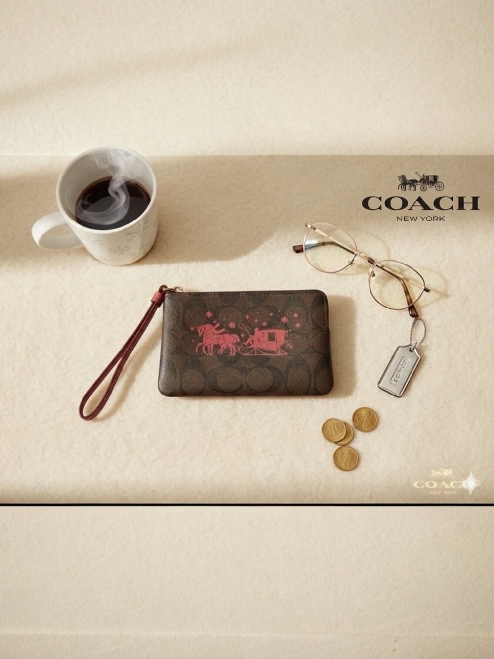 Coach Corner Zip Wristlet in Signature Canvas - Horse and Sleigh - AUTHENTIC
